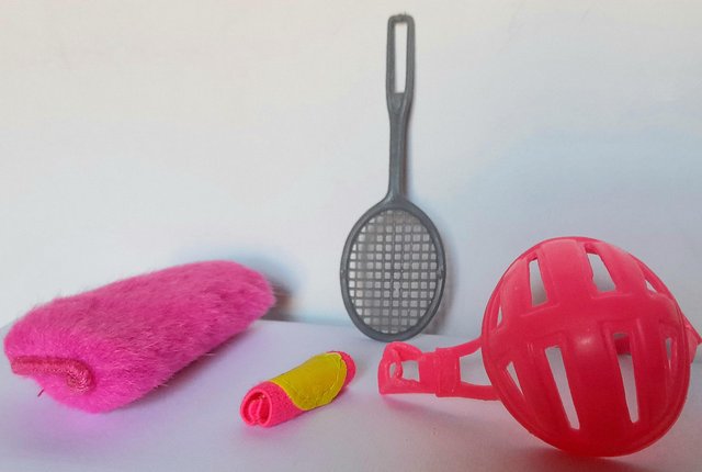 Preview of the first image of BARBIE ACCESSORY SET OF 4 HELMET, RACKET, WARMERS.