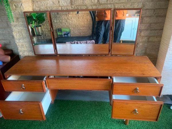 Image 3 of Large Mid-Century Dressing Table w Pivoting Triptych Mirror