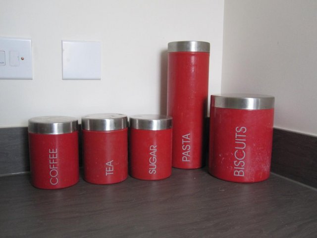 Preview of the first image of Five piece kitchen storage set in red.