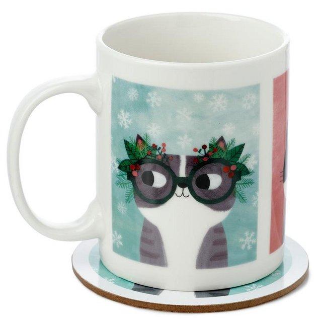 Preview of the first image of Angie Rozelaar Planet Cat Christmas Porcelain Mug & Coaster.