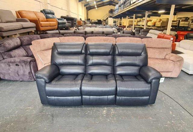Preview of the first image of La-z-boy Staten midnight blue leather electric 3 seater sofa.