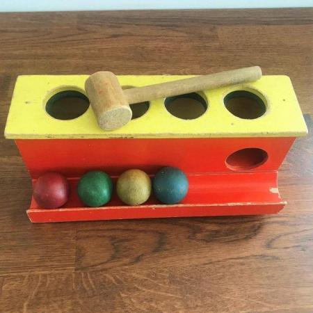 Image 2 of Vintage 1980's coloured wood balls & hammer traditional toy