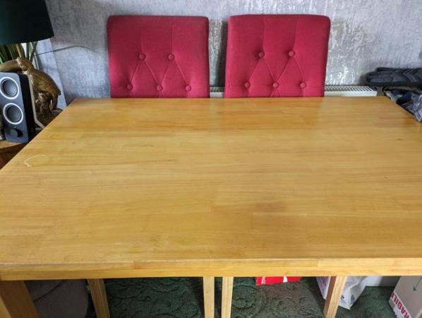Image 1 of Pine Dining Table and 4 Red Fabric Chairs