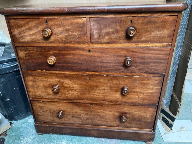 Preview of the first image of Victorian, five drawer, mahogany chest of drawers.