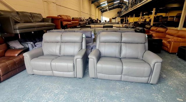 Image 11 of La-z-boy Paris grey leather pair of 2 seater sofas
