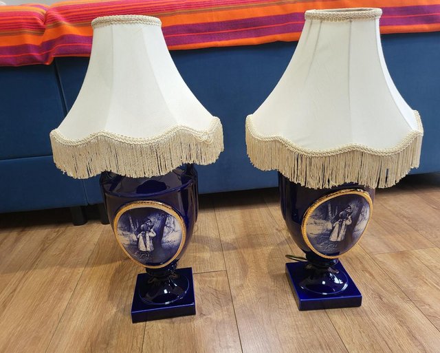 Preview of the first image of VINTAGE STUNNINGLY BEAUTIFUL FRENCH STYLED BLUE GLAZED LAMPS.