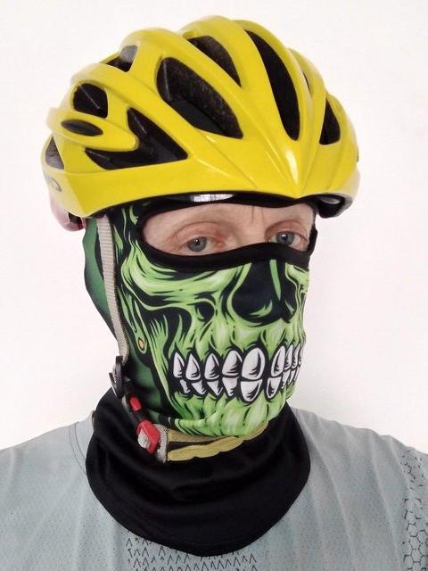 Yellow cycling helmet with green monster full face mask. - £26 each