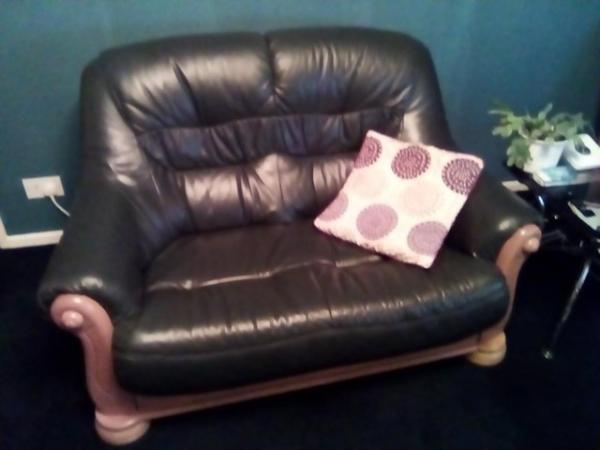 Image 1 of Dark blue leather 3 & 2 seater sofas