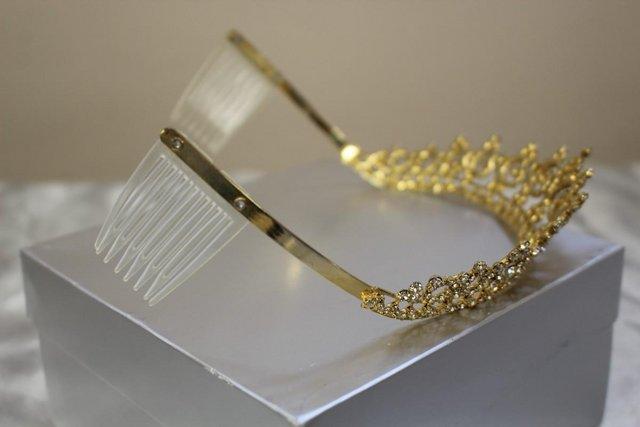 Image 1 of New Gold coloured Tiara with Rhinestones