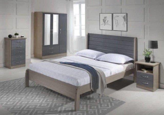 Preview of the first image of Double Nevada grey gloss/light oak veneer bed frame.