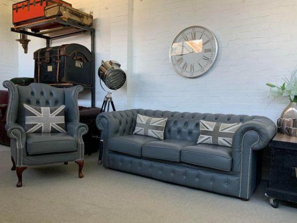 Image 4 of Grey Chesterfield sofa. Armchair & footstool available.
