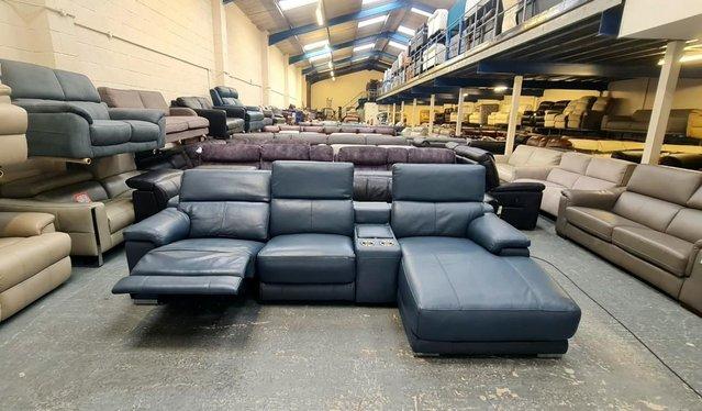 Image 4 of Laurence Smoke blue leather electric recliner chaise sofa