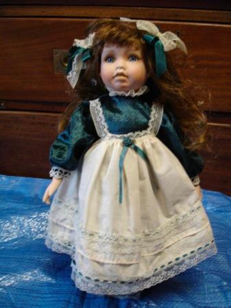Image 3 of Alberon 43cm porcelain doll in green outfit and doll stand