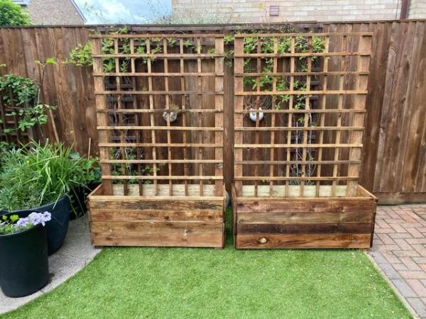 Image 2 of Pair of Rustic Treated Garden Planters with 6 foot Trellis