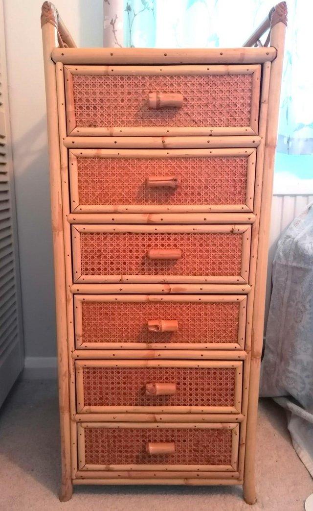 Preview of the first image of Vintage Wicker Rattan Bamboo Cane Tallboy/Chest of Drawers.