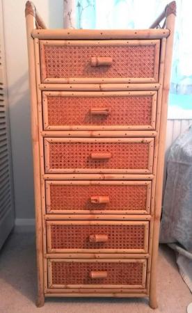 Image 1 of Vintage Wicker Rattan Bamboo Cane Tallboy/Chest of Drawers