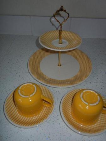 Image 3 of Cake Stand 2 Tiers Cups Saucers Orange Gingham