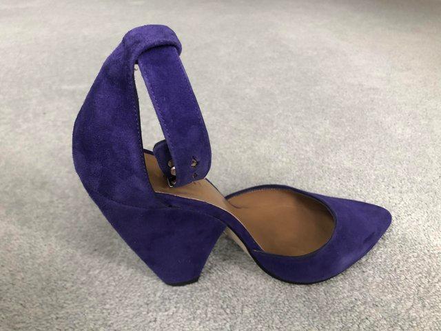 Preview of the first image of Whistles purple suede ankle strap shoes Mai Tai style.