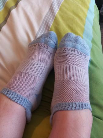 Image 3 of Ladies worn blue and white trainer socks