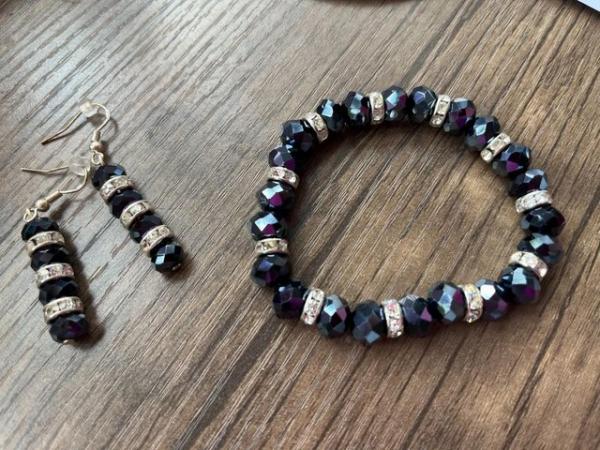 Image 2 of Beautiful black/dark navy bead/”diamonte” bracelet earrings