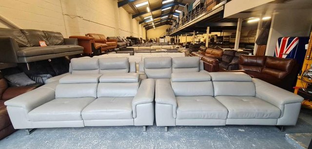 Image 5 of Italian Lucio grey leather electric pair of 3 seater sofas