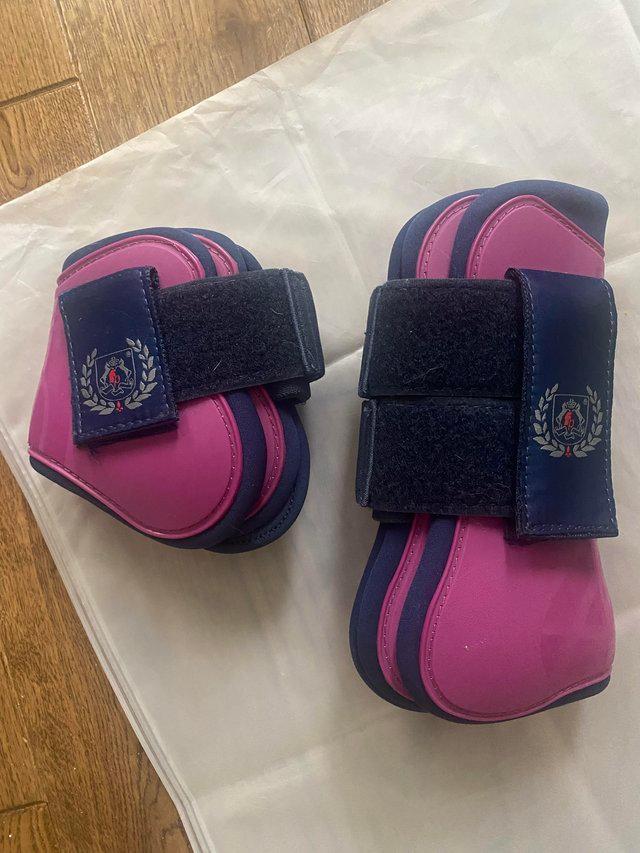 Preview of the first image of BNWT Pink/Navy tendon and fetlock boots size full.
