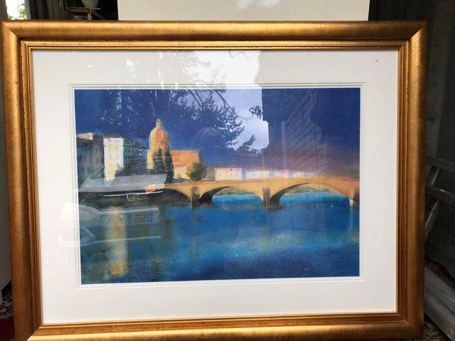 Preview of the first image of Manuscript print of bridge. Lovely blue water & sky.