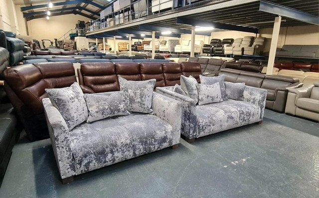 Image 4 of Sapphire Crushed Grey Plush Fabric 3+2 seater sofas