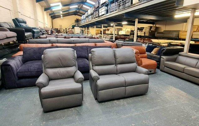 Image 9 of G Plan Newmarket grey leather 2 seater sofa and manual chair