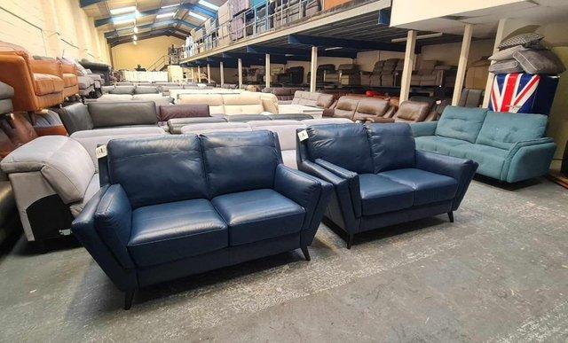 Image 8 of New Fellini blue leather pair of 2 seater sofas