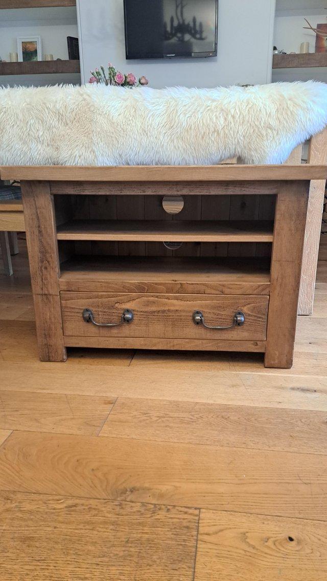 Preview of the first image of Rustic Chunky Pine plank TV table Unit with Drawer vgc.