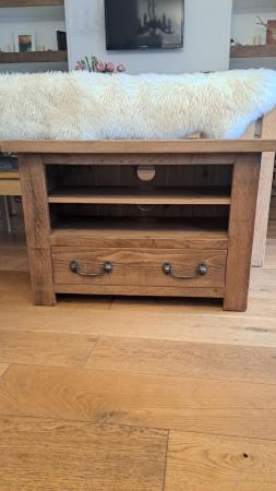 Image 1 of Rustic Chunky Pine plank TV table Unit with Drawer vgc