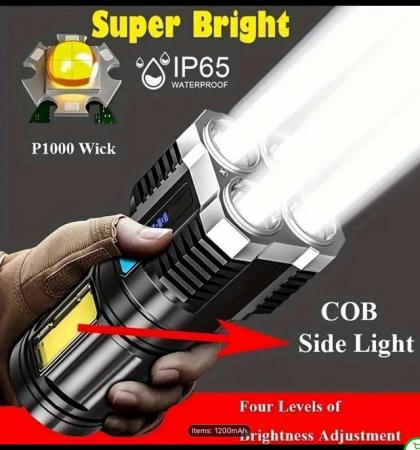 Image 1 of 1pc LED Flashlight, Powerful 4 LED Flashlight With COB Side