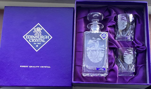 Preview of the first image of Edinburgh Crystal cut glass Golfers decanter and glasses.