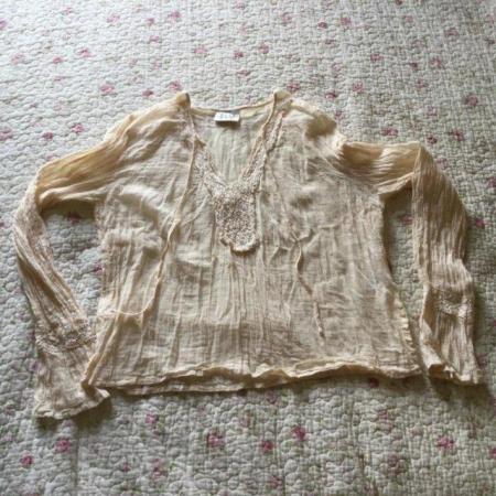 Image 1 of Size 12 Cream Crinkle Cotton Long Sleeve Top