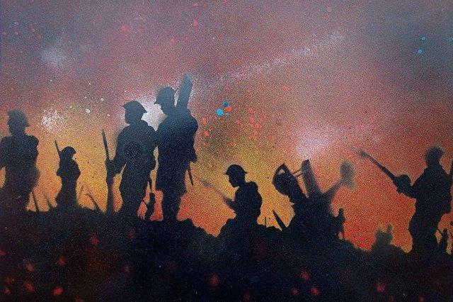 Preview of the first image of Tommy's advance ww1 the Somme acrylic spray art paiting.