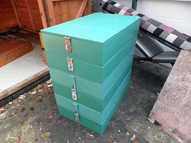Preview of the first image of LOCKABLE WOODEN STORAGE BOXES, X6, MARKET STALL, GREEN.