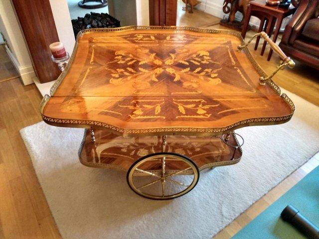 Preview of the first image of 1950 Italian Marquetry Drop Leaf Drinks Trolley.