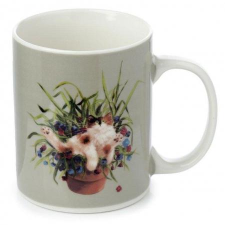 Image 2 of Kim Haskins Cat in a Plant Pot Green Porcelain Mug.