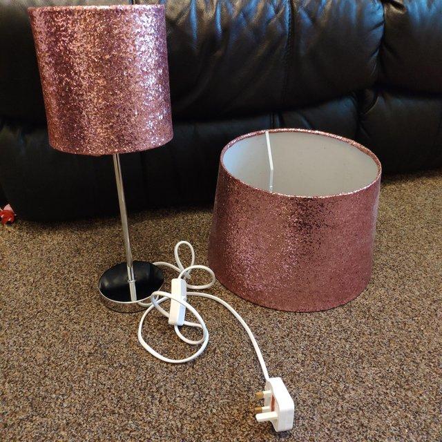 Preview of the first image of Gorgeous glittery pink lampshade and lamp with silver base..