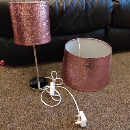 Image 1 of Gorgeous glittery pink lampshade and lamp with silver base.