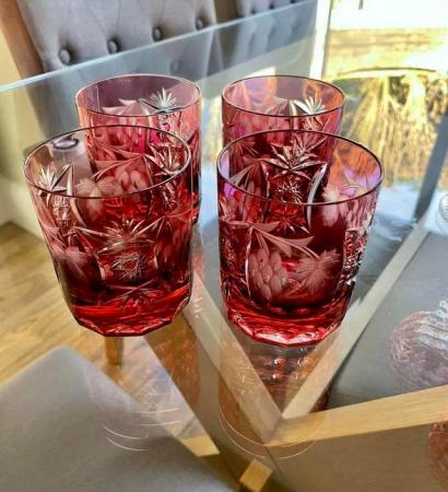 Image 2 of AJKA Masala Crystal Cut to Clear Cranberry Whisky Glasses 4