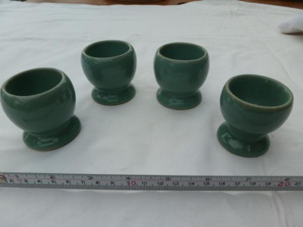 Image 1 of Green Denby egg cups, mustard pot and pie crust lifter