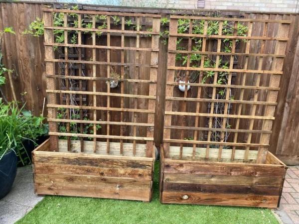 Image 4 of Pair of Rustic Treated Garden Planters with 6 foot Trellis