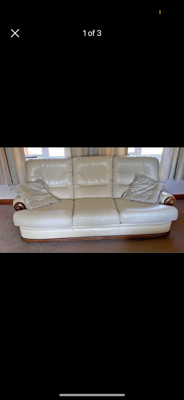 Preview of the first image of White Leather 3 Seater Sofa And 2 Armchairs.