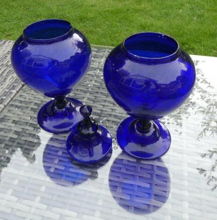 Image 2 of Two rich blue coloured display glass vases