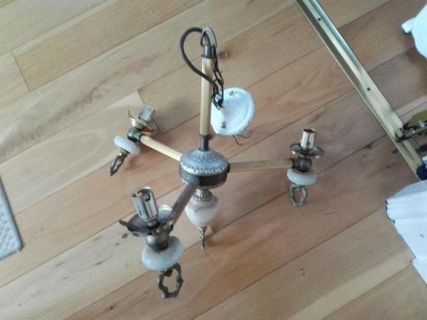 Image 1 of Three light electric ceiling light fitting, brass and onyx