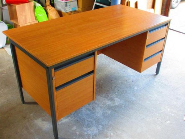 Image 1 of 5 Drawer Office Desk, Beechwood effect, metal frame