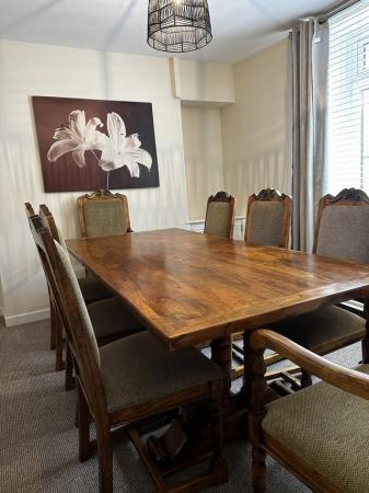 Image 1 of Solid oak - dining room suite. 6 chairs and 2 carvers.