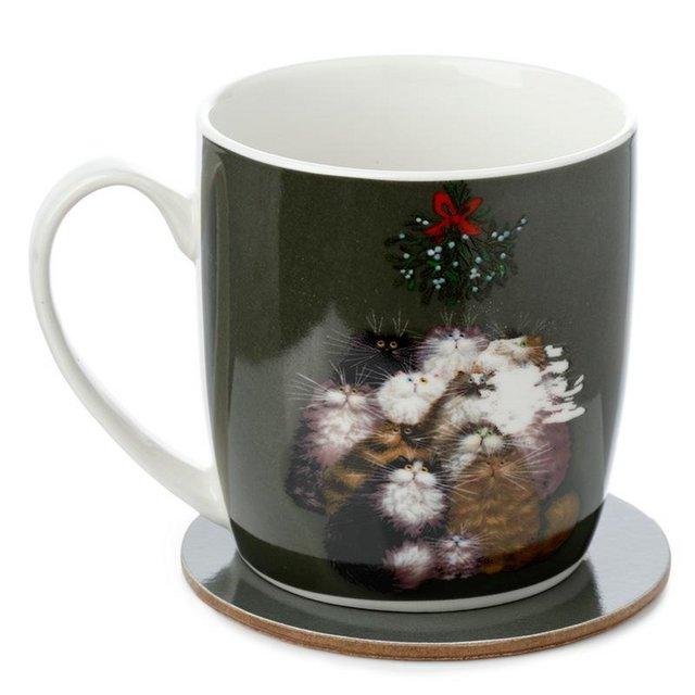 Preview of the first image of Kim Haskins 12 Cats of Christmas Porcelain Mug & Coaster Set.